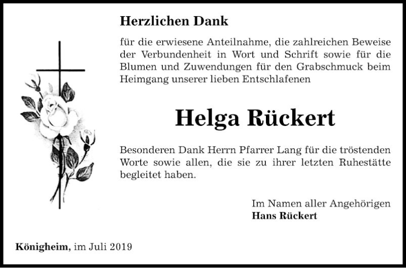  Traueranzeige für Helga Rückert vom 13.07.2019 aus Fränkische Nachrichten