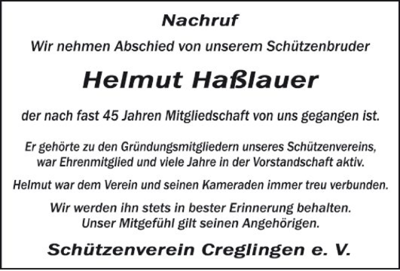  Traueranzeige für Helmut Haßlauer vom 01.08.2019 aus Fränkische Nachrichten