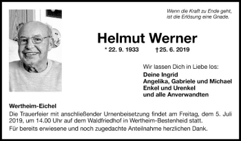 Traueranzeige von Helmut Werner von Fränkische Nachrichten
