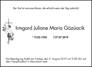 Traueranzeige von Irmgard Juliane Maria Gözüacik von Mannheimer Morgen
