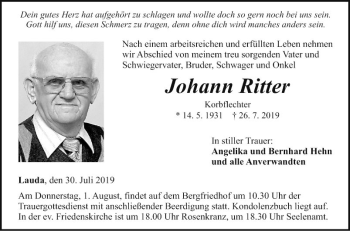 Traueranzeige von Johann Ritter von Fränkische Nachrichten