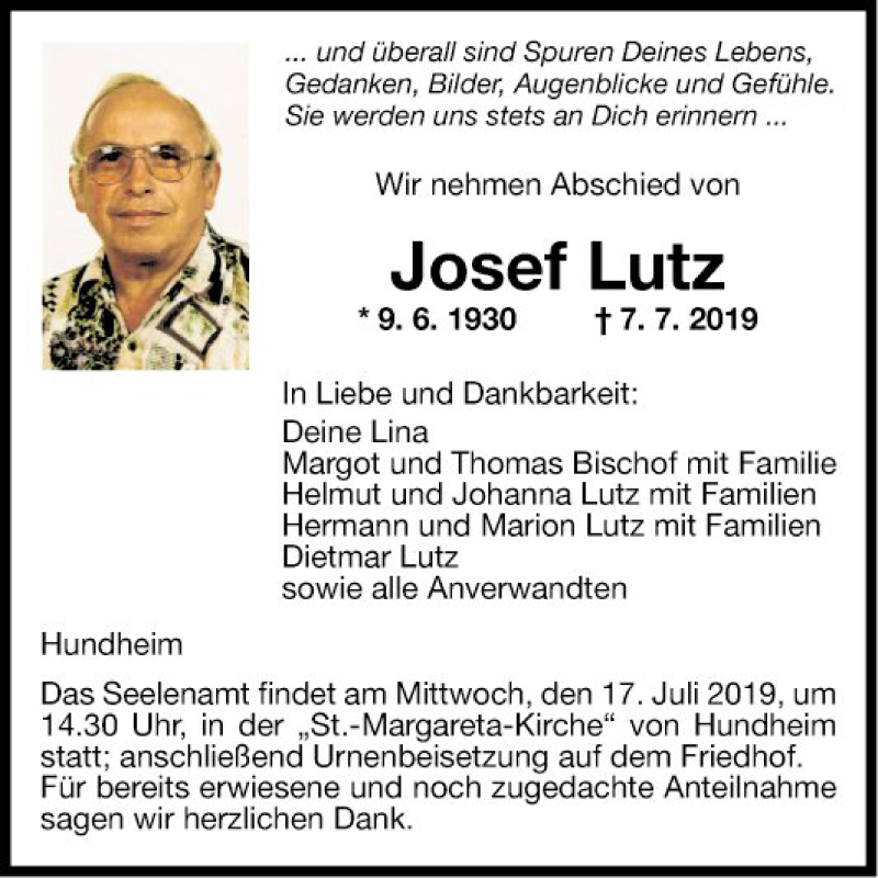  Traueranzeige für Josef Lutz vom 12.07.2019 aus Fränkische Nachrichten