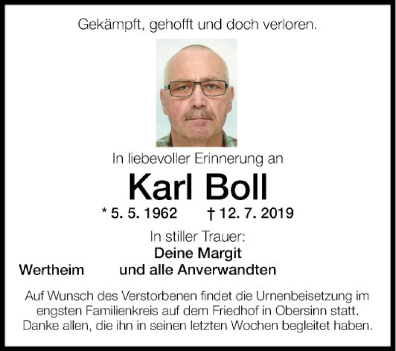  Traueranzeige für Karl Boll vom 20.07.2019 aus Fränkische Nachrichten