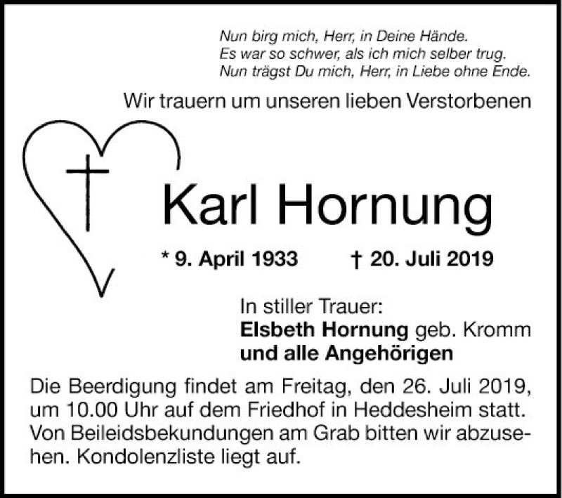  Traueranzeige für Karl Hornung vom 24.07.2019 aus Mannheimer Morgen