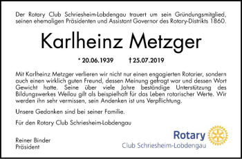 Traueranzeige von Karlheinz Metzger von Mannheimer Morgen