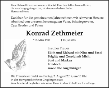 Traueranzeige von Konrad Zethmeier von Fränkische Nachrichten