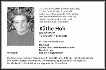 Traueranzeige von Käthe Hoh von Fränkische Nachrichten