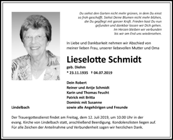 Traueranzeige von Lieselotte Schmidt von Fränkische Nachrichten