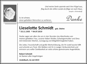 Traueranzeige von Lieselotte Schmidt von Fränkische Nachrichten