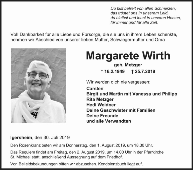  Traueranzeige für Margarete Wirth vom 30.07.2019 aus Fränkische Nachrichten