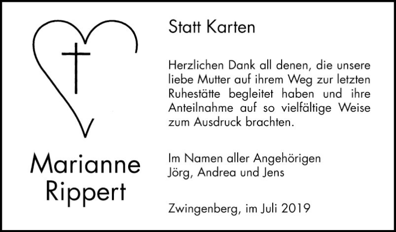  Traueranzeige für Marianne Rippert vom 13.07.2019 aus Bergsträßer Anzeiger