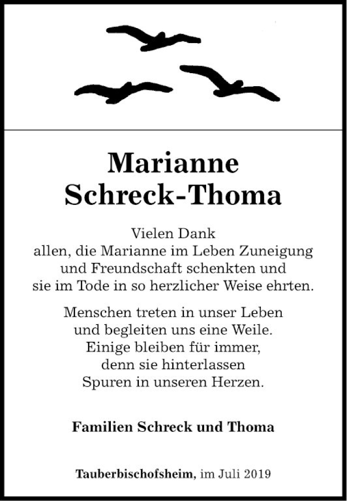  Traueranzeige für Marianne Schreck-Thoma vom 17.07.2019 aus Fränkische Nachrichten