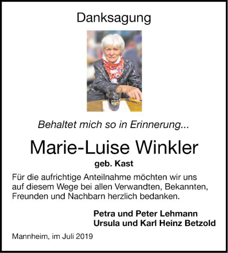  Traueranzeige für Marie-Luise Winkler vom 27.07.2019 aus Mannheimer Morgen