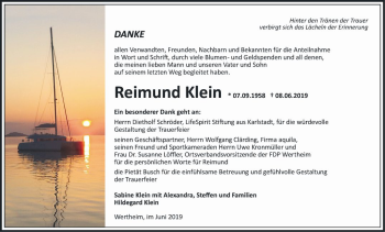 Traueranzeige von Reimund Klein von Fränkische Nachrichten