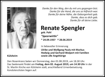 Traueranzeige von Renate Spengler von Fränkische Nachrichten