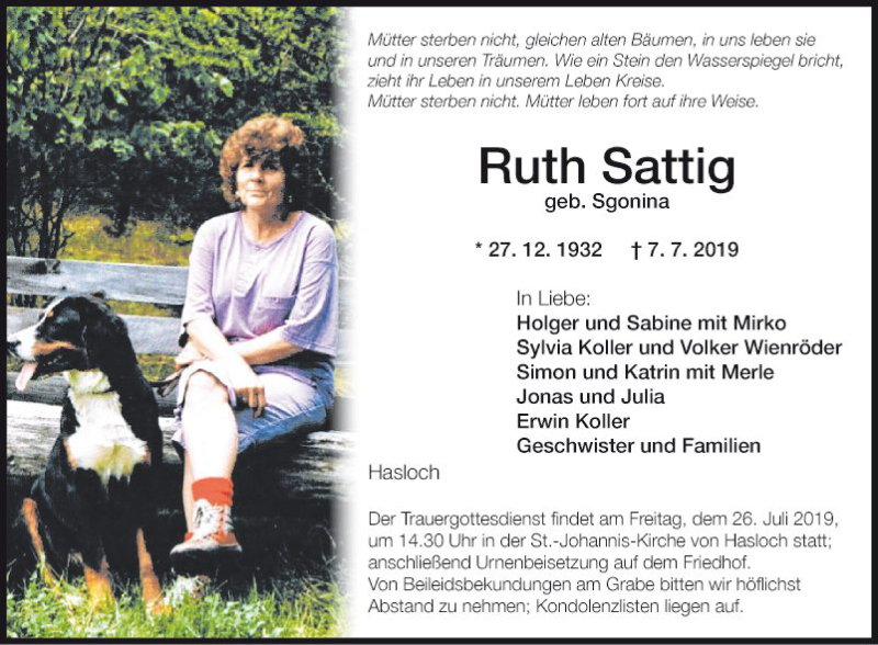  Traueranzeige für Ruth Sattig vom 20.07.2019 aus Fränkische Nachrichten