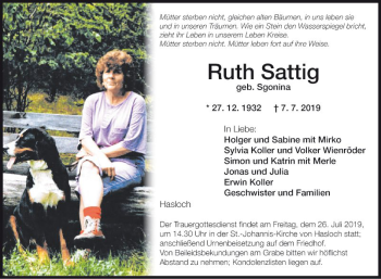 Traueranzeige von Ruth Sattig von Fränkische Nachrichten