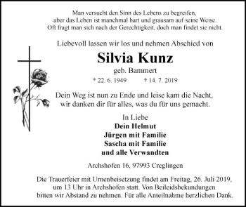 Traueranzeige von Silvia Kunz von Fränkische Nachrichten