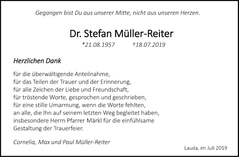  Traueranzeige für Stefan Müller-Reiter vom 30.07.2019 aus Fränkische Nachrichten