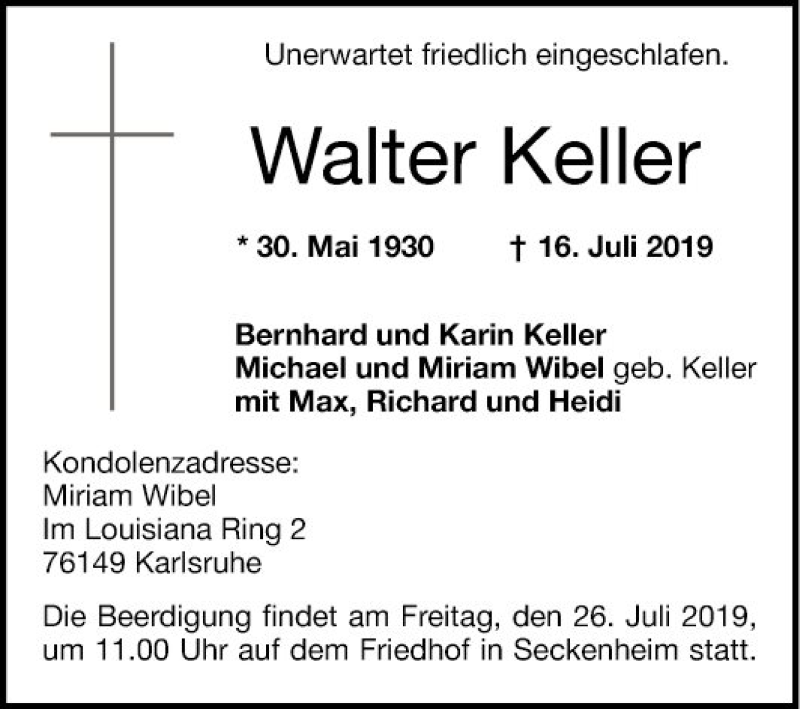  Traueranzeige für Walter Keller vom 20.07.2019 aus Mannheimer Morgen