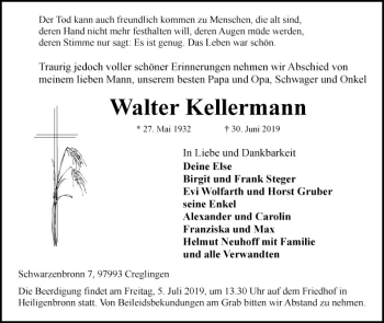 Traueranzeige von Walter Kellermann von Fränkische Nachrichten