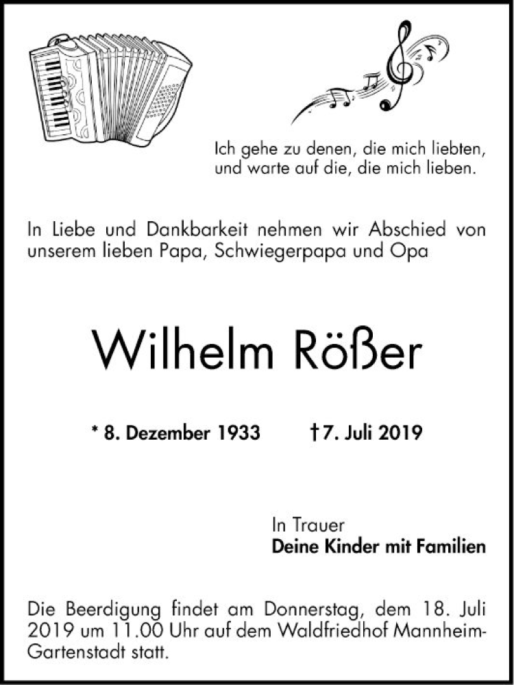  Traueranzeige für Wilhelm Rößer vom 15.07.2019 aus Mannheimer Morgen