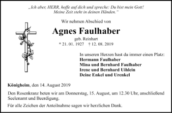 Traueranzeige von Agnes Faulhaber von Fränkische Nachrichten