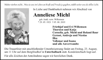 Traueranzeige von Anneliese Michl von Fränkische Nachrichten