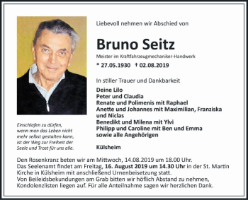 Traueranzeige von Bruno Seitz von Fränkische Nachrichten