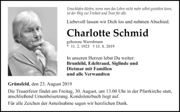 Traueranzeige von Charlotte Schmid von Fränkische Nachrichten