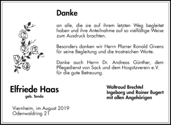 Traueranzeige von Elfriede Haas von Südhessen Morgen