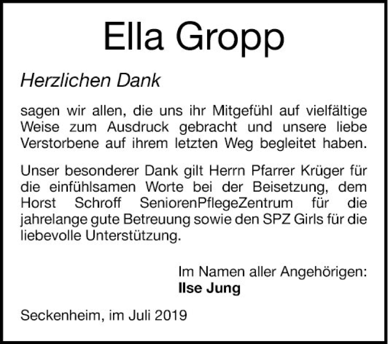  Traueranzeige für Ella Gropp vom 03.08.2019 aus Mannheimer Morgen