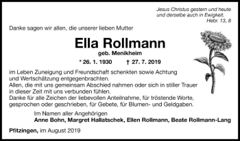 Traueranzeige von Ella Rollmann von Fränkische Nachrichten