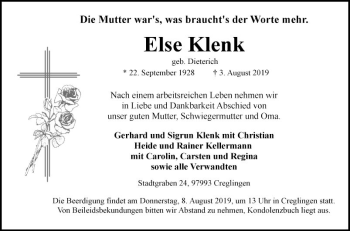 Traueranzeige von Else Klenk von Fränkische Nachrichten