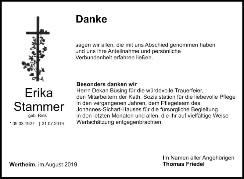  Traueranzeige für Erika Stammer vom 10.08.2019 aus Fränkische Nachrichten