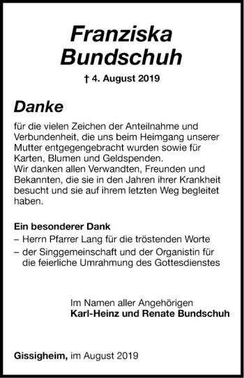 Traueranzeige von Franziska Bundschuh von Fränkische Nachrichten