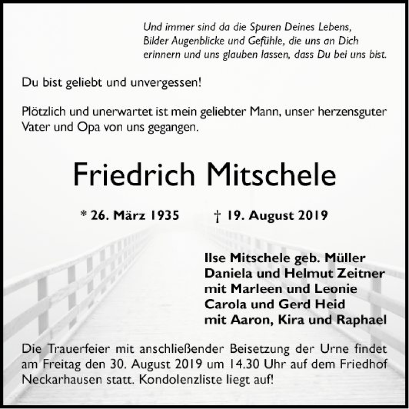  Traueranzeige für Friedrich Mitschele vom 24.08.2019 aus Mannheimer Morgen