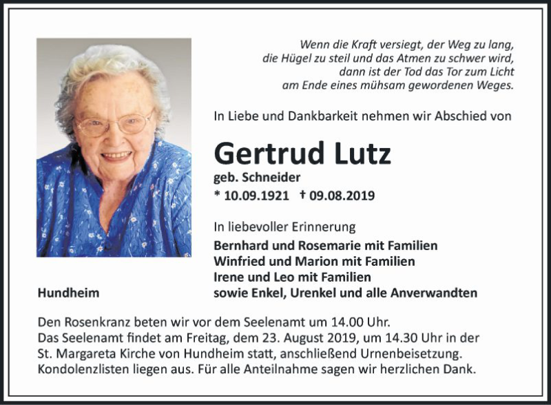  Traueranzeige für Gertrud Lutz vom 17.08.2019 aus Fränkische Nachrichten