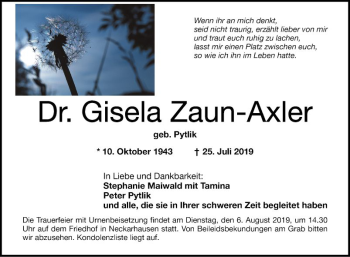 Traueranzeige von Gisela Zaun-Axler von Mannheimer Morgen