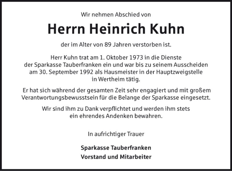  Traueranzeige für Heinrich Kuhn vom 20.08.2019 aus Fränkische Nachrichten