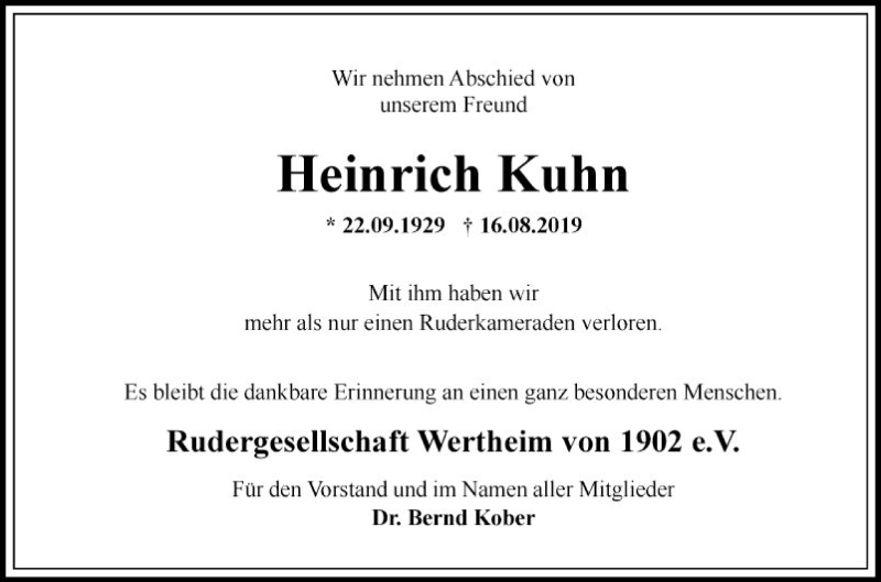  Traueranzeige für Heinrich Kuhn vom 24.08.2019 aus Fränkische Nachrichten