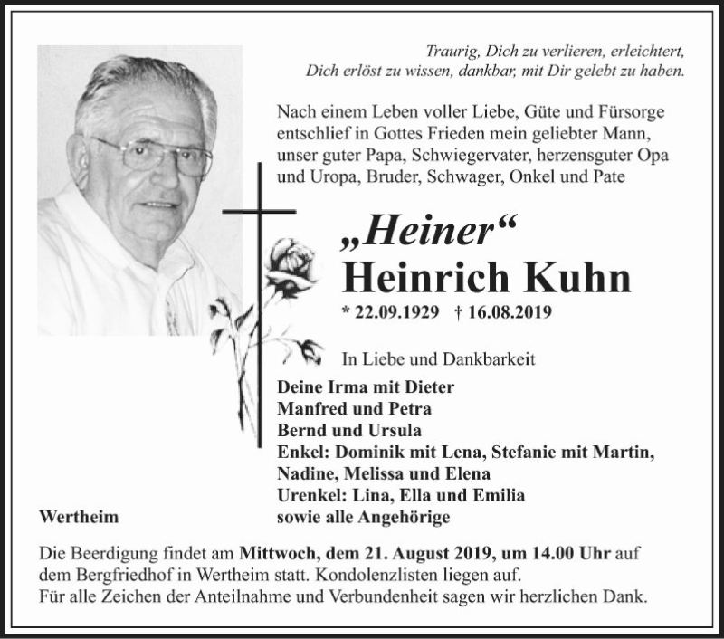  Traueranzeige für Heinrich Kuhn vom 19.08.2019 aus Fränkische Nachrichten