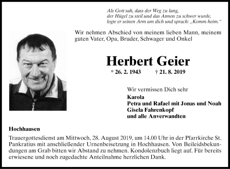  Traueranzeige für Herbert Geier vom 24.08.2019 aus Fränkische Nachrichten