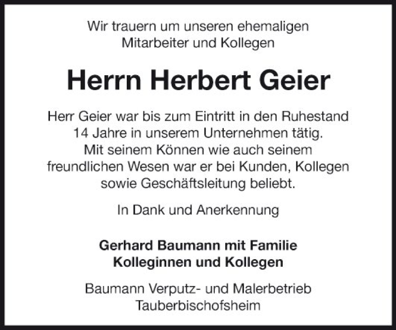  Traueranzeige für Herbert Geier vom 29.08.2019 aus Fränkische Nachrichten