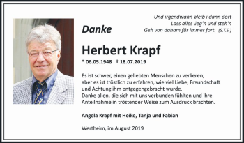 Traueranzeige von Herbert Krapf von Fränkische Nachrichten