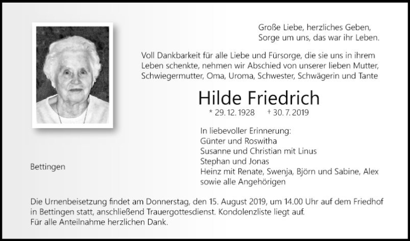  Traueranzeige für Hilde Friedrich vom 10.08.2019 aus Fränkische Nachrichten