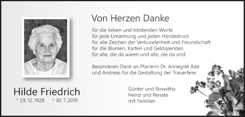  Traueranzeige für Hilde Friedrich vom 24.08.2019 aus Fränkische Nachrichten