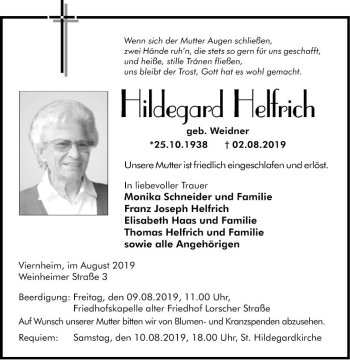 Traueranzeige von Hildegard Helfrich von Südhessen Morgen