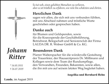 Traueranzeige von Johann Ritter von Fränkische Nachrichten