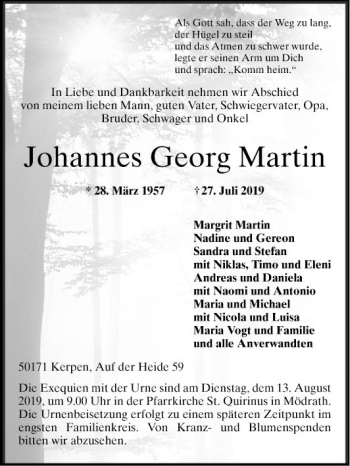 Traueranzeige von Johannes Georg Martin von Schwetzinger Zeitung